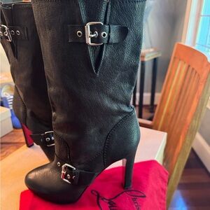 Christian Louboutin Leather Mid-Calf Moto Boots 38.5 Black
